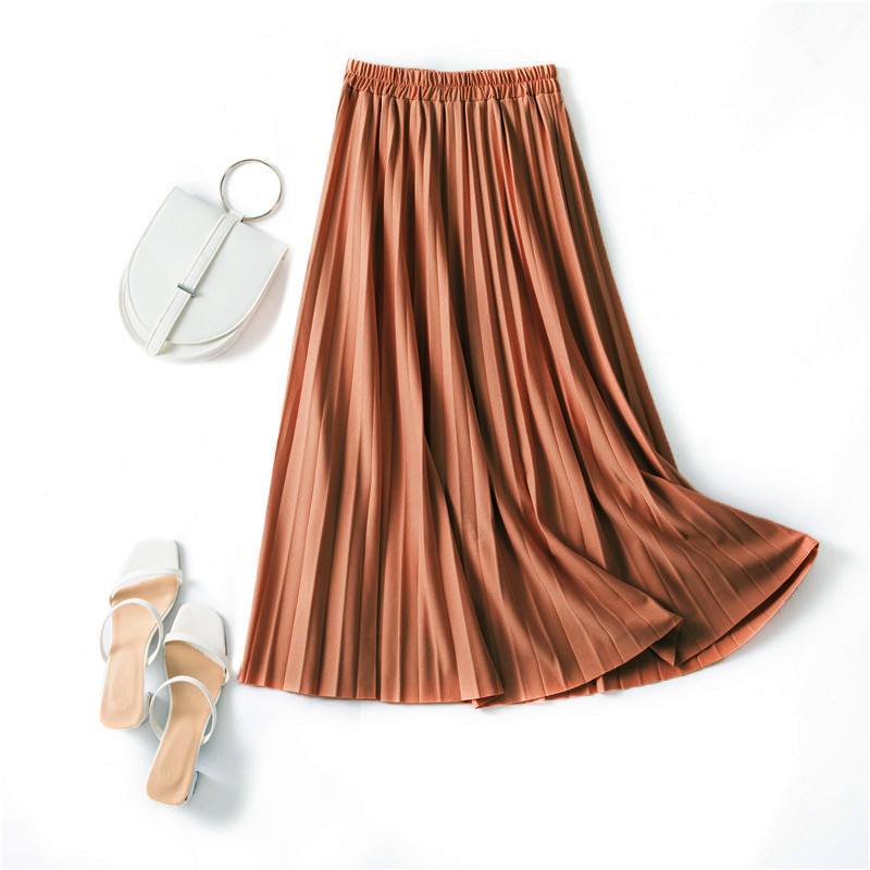 Women Solid Casual Pleated Skirt Spring Summer New Elegant Hight Waist Korean Long Skirts Fashion A Line Skirts For Female 210415