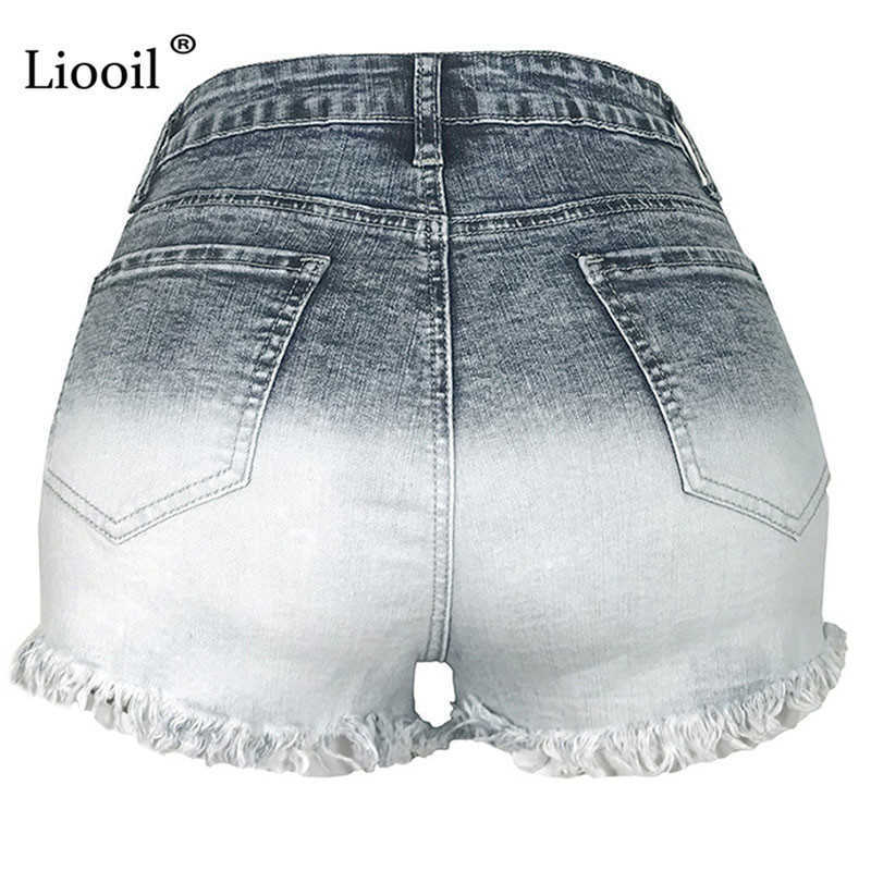 Liooil Patchwork Hole High Waisted Ripped Short Jeans with Tassel Women Button Zipper Pockets Washed Distressed Sexy Shorts 210611