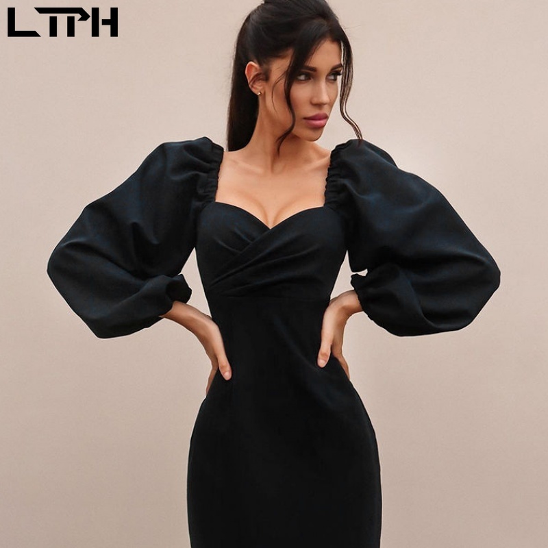 LTPH Hot sale autumn winter new women dress sexy tube top low collar puff sleeves solid color long fashion pencil dresses 210309