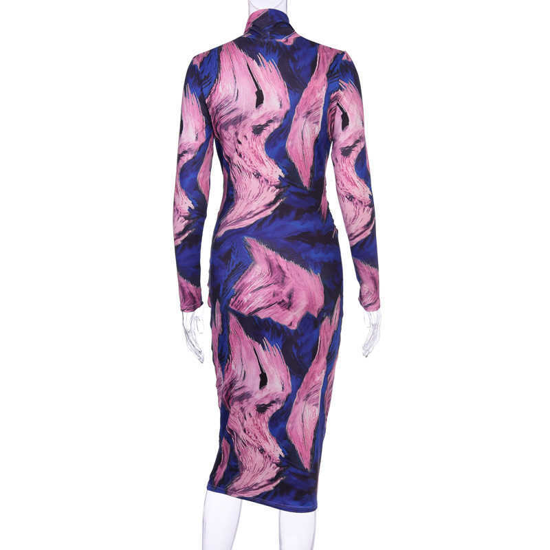 Colysmo Colorful Print Autumn Party Dress Deep V Neck Long Sleeve Sexy Women Sashes Bodycon es Nightclub Slim Clothes 210527