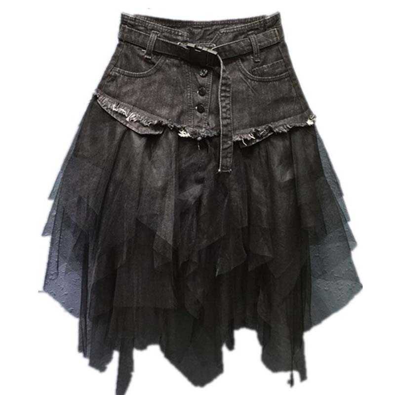 Women Denim Mesh Patchwork Lace Skirt High Waist A Line Asymmetric Frill Tulle Gothic Chic Skirts 210619