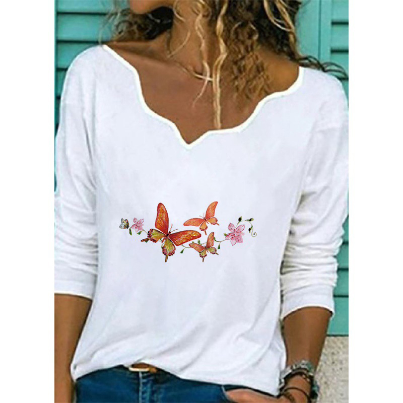Elegant V Neck Long Sleeve T-Shirt Woman Dandelion Print Casual Shirts Fashion New Style Streetwear Women Tops Pullover 210302