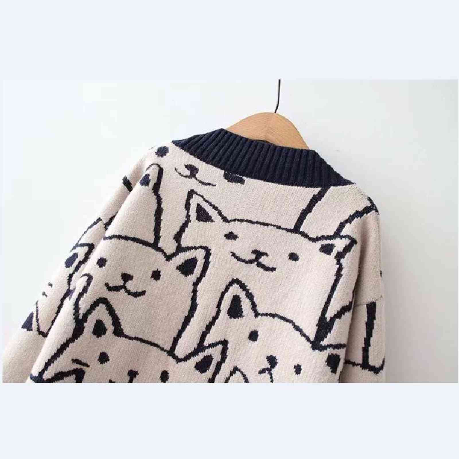 Fashion Cartoon V-neck Cardigan Sweater Women Autumn Winter Cute Cat Retro Professional Long-sleeved Knitted Coat 211117