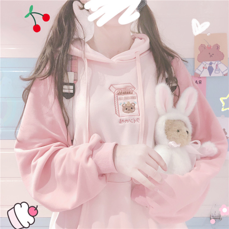 Japnaese Soft Girl Cute Cartoon Embroidery Patchwork Hooded Tops Hoodies Small fresh Harajuku Women's Loose Students Sweatshirt 201204