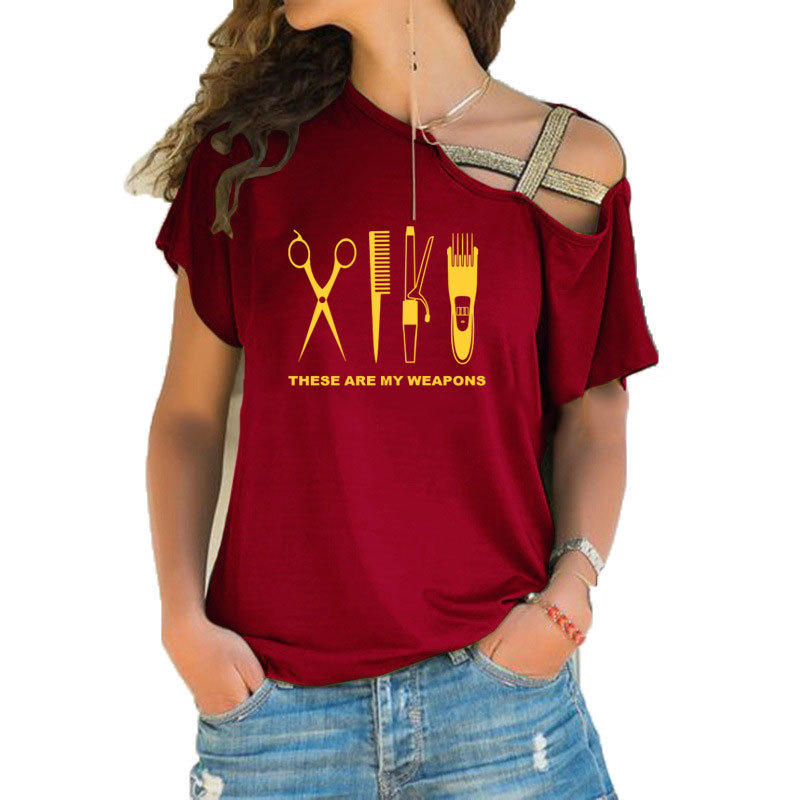 Barber T Shirt Women Short Sleeve Hairdresser Weapon T-shirt Girls Woman scissors Clothing Irregular Skew Cross Bandage Tops T200614