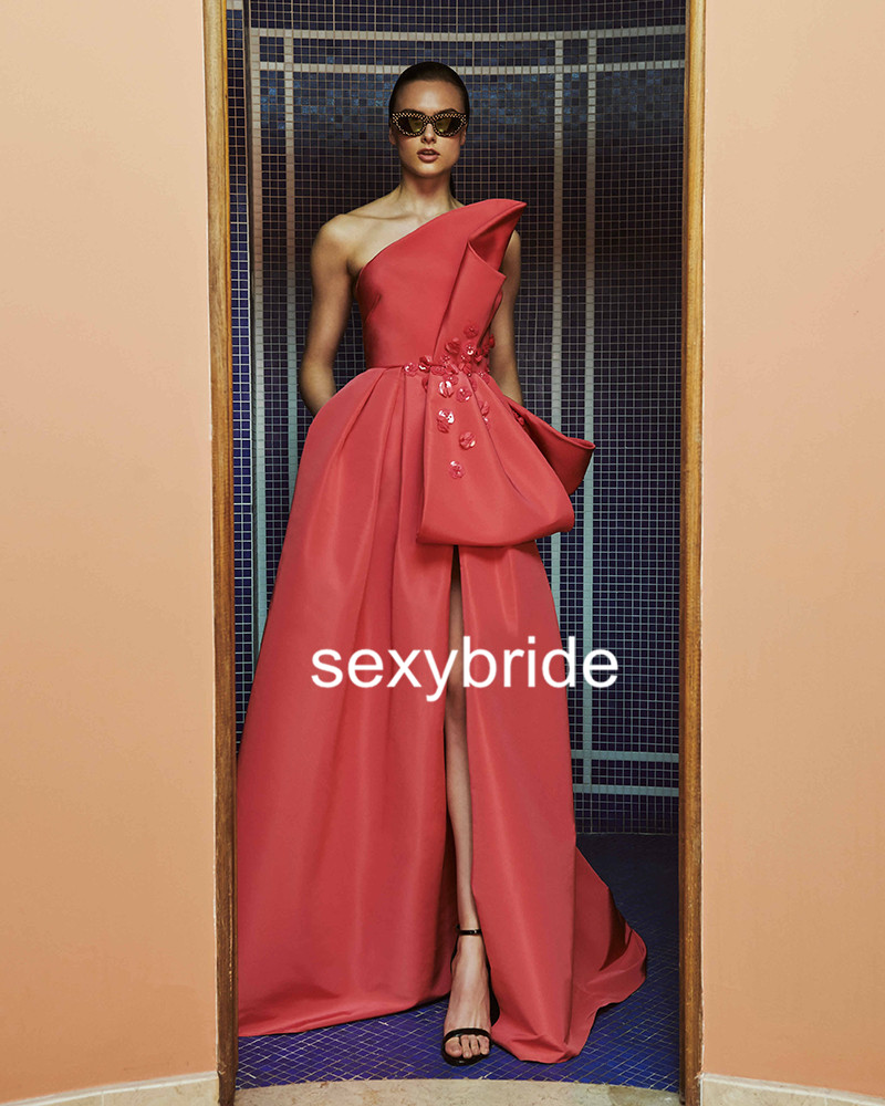 2021 Fashion Long A-Line Formal Evening Dresses With Pockets Sexy Strapless Side High Split Peplum Prom Party Dress Robe de Soriee Vestidos