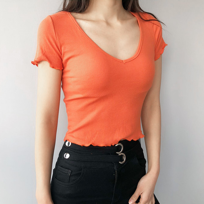 Women V Neck Frill Trim Crop Tee Short Sleeve Crop Top 210306