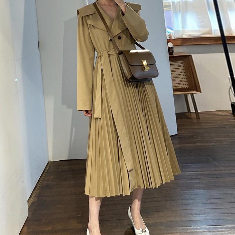 Women's Trench Coats Korean Coat Windbreaker Chic Autumn French Style Large Lapel Double Row Buckle Strap Waist Closing Splicing Pleated Lon, Army green 
Women's Trench Coats Korean Coat Windbreaker Chic Autumn French Style Large Lapel Double Row Buckle Strap Waist Closing Splicing Pleated Lon, Army green