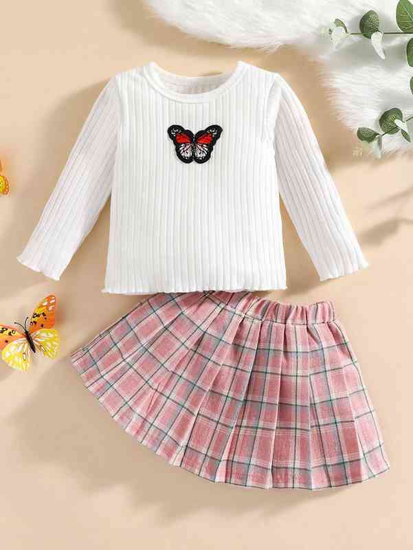 Baby Butterfly Patched Tee & Plaid Pleated Skirt SHE