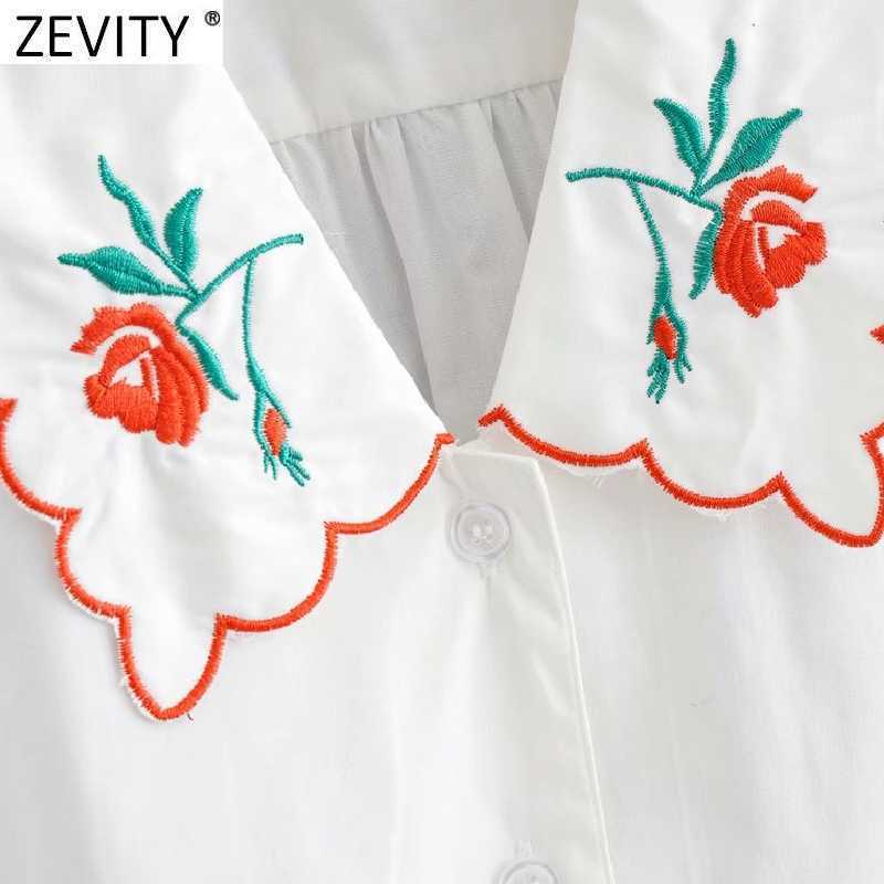 Zevity Women Sweet Floral Embroidery Casual Breasted Shirt Prairie Chic Puff Sleeve Female Blouse Roupas Chemise Tops LS9289 210603