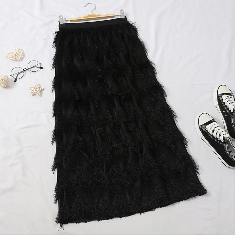TIGENA Tassel Maxi Skirt Women Fashion Korean Casual Fringe High Waist Straight Long Skirt Female Ladies Black White 210306