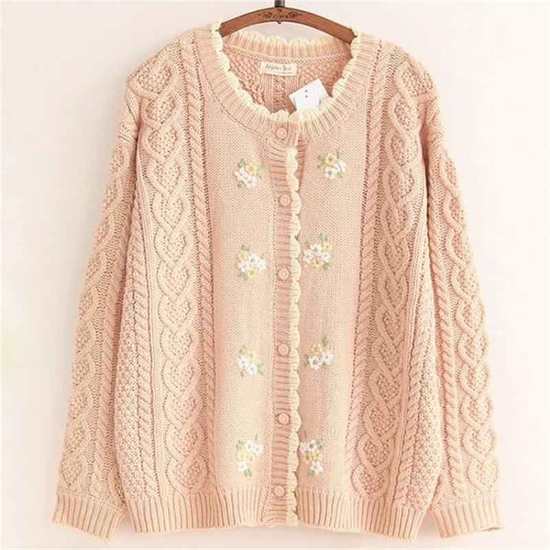 Mori Girl Sweet Floral Thick Warm Sweater Spring Autumn Women Knitted Cardigans Girl's Twist Crochet Knitted Sweater Coat 210218