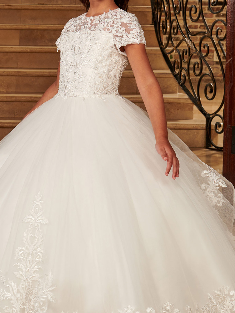 Lovely Flower Girls Dress Ball Gown Crew Short Sleeves Girls' Party Dress Floral Applique with Beads