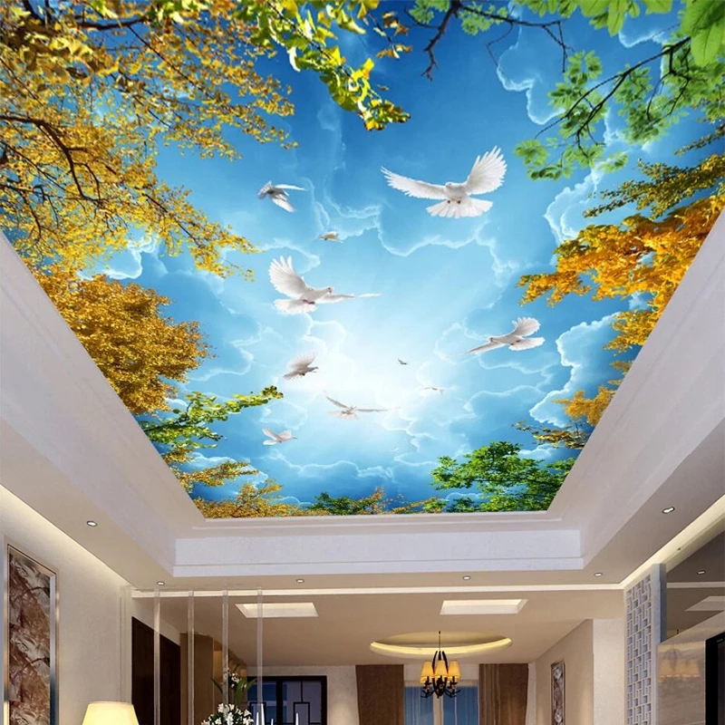Custom Photo Wallpaper 3D Blue Sky White Clouds Ceiling Mural Living Room Bedroom Hotel Nature Landscape