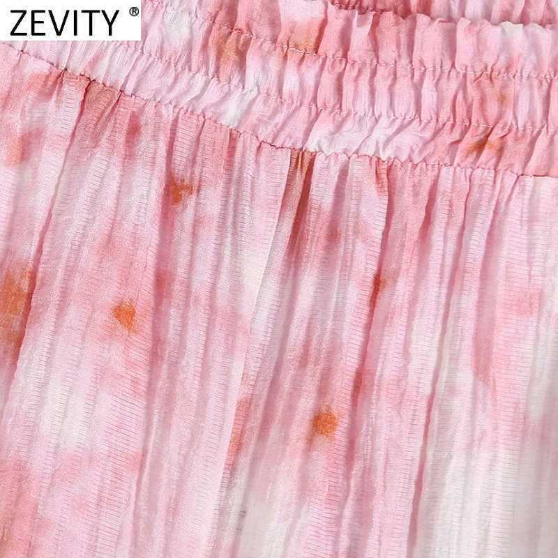 Zevity Women Fashion Tie Dyed Print Casual Bermuda Pleats Shorts Female Chic Elastic Waist Summer Pantalone Cortos P1035 210603