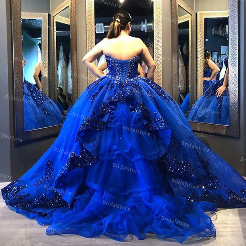 Sparkly Rose Gold Blue Quinceanera Dresses Vestido De 15 Anos Appliques Beads Sequin Sweet 16 Dress Masquerade Prom Birthday Party Gown