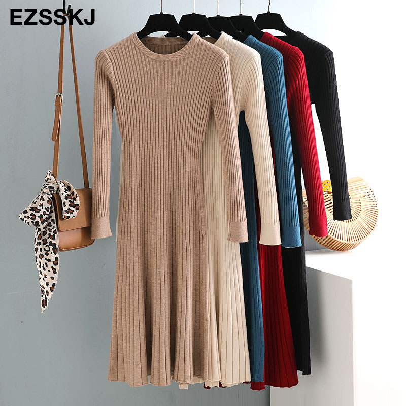 elegant Long sleeve OL O-neck long Sweater dress women Thick knit Autumn Winter dress female Slim A-line basic dress casual 210222