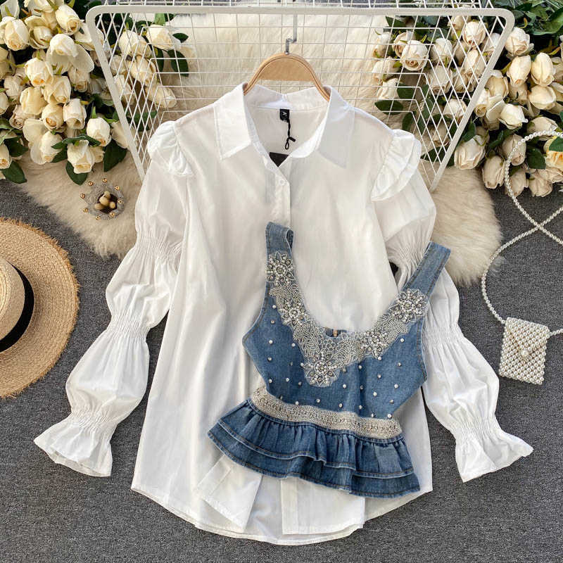Women Fashion Spring Long Sleeve White Shirts Tops + Pearl-encrusted Diamond Vest Two-piece Sets R523 210527