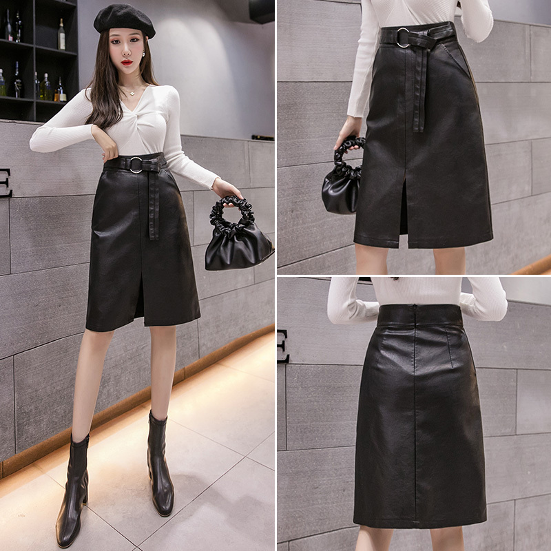 REALEFT New Autumn Winter Black PU Leather Women Midi Skirts with Belt High Waist Chic Front Split Sheath Wrap Skirt Pocket 210309