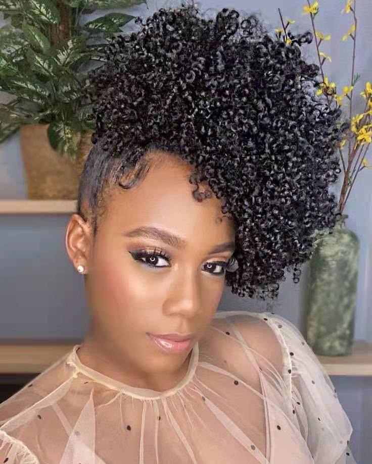 Side or low part afro kinky curly ponytail hairpiece jet puff coily curly drawstring human hair ponytail for black women color 1