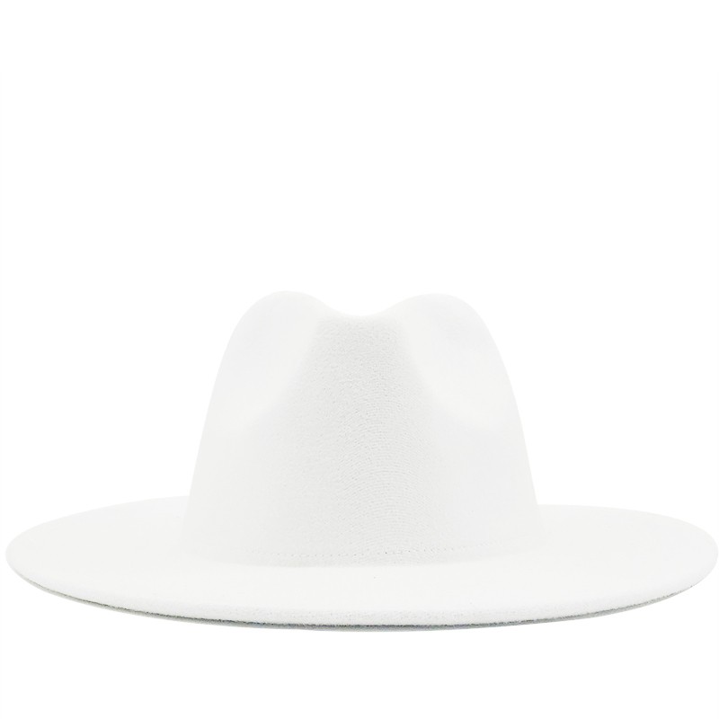 Simple Outer white Inner Sky blue Wool Felt Jazz Fedora Hats with Thin Belt Buckle Men Women Wide Brim Panama Trilby Cap