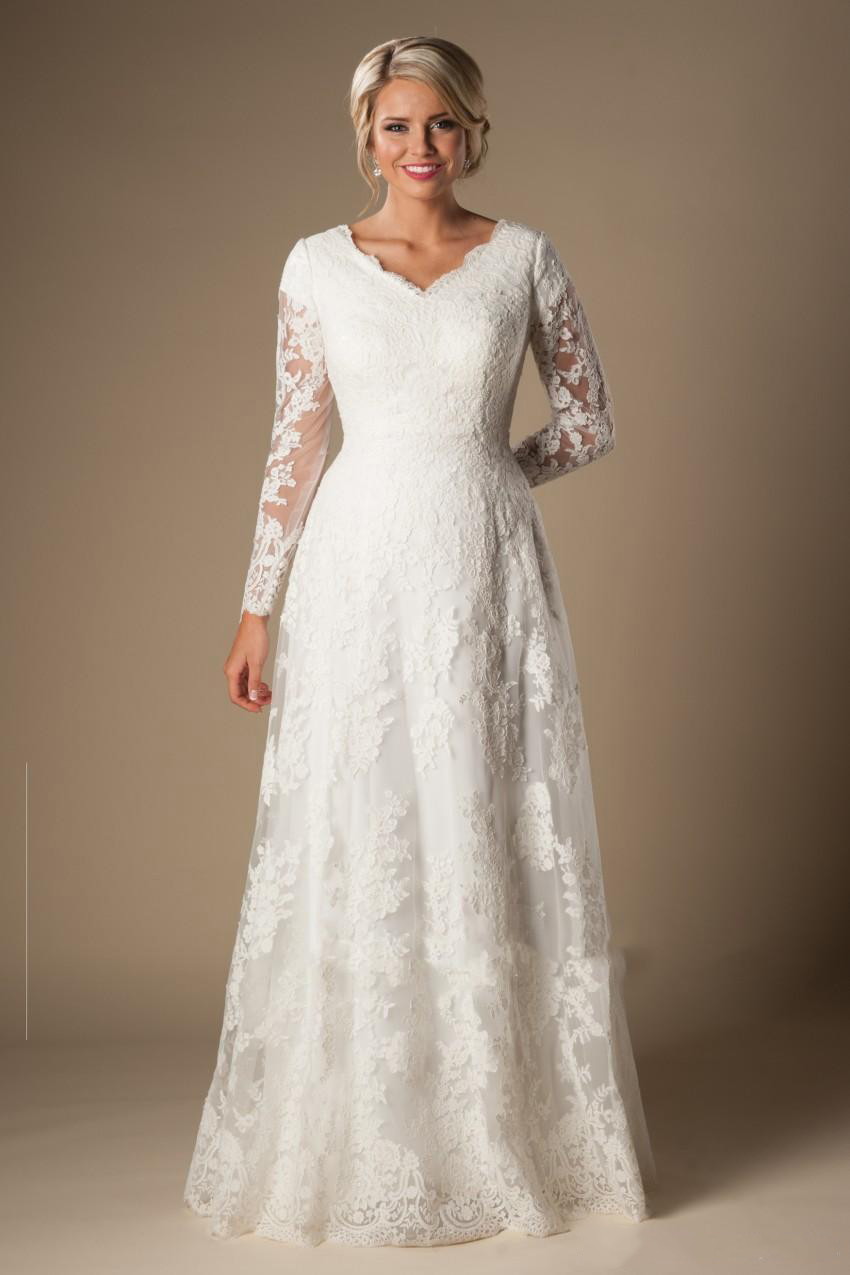 Ivory A-e Vintage Lace Appliques Modest Wedding Dresses With V Neck Buttons Sleeves Long Bridal Gowns Custom Made