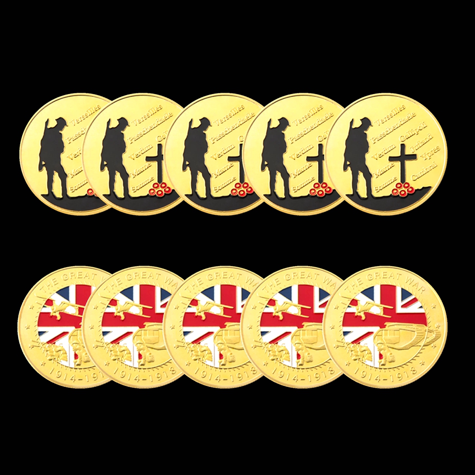 5pcs 1914-1918 Military Craft Gold Plated Souvenir Coin Great War 100th Anniversary Commemorative Challenge Badge Medal