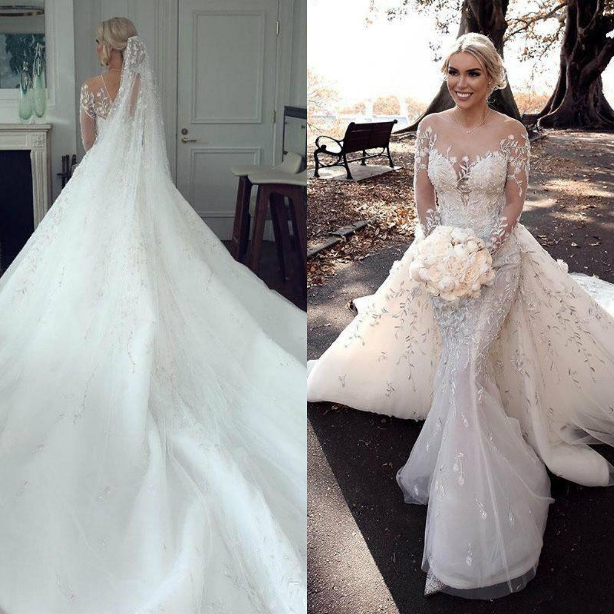 Bohemian Mermaid Wedding Dresses with Detachable Train Lace Floral Illusion Long Sleeve Country Bridal Dress Robe Robe De Mariee