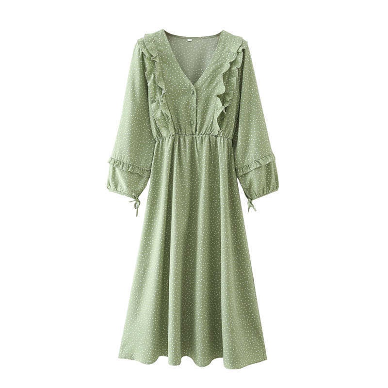 Women Vintage Polka Dot Dress with Ruffled Trims V-neck Wrist Sleeves Buttoned Midi Boho Dresses Woman Robe 210709, Green
Women Vintage Polka Dot Dress with Ruffled Trims V-neck Wrist Sleeves Buttoned Midi Boho Dresses Woman Robe 210709, Green