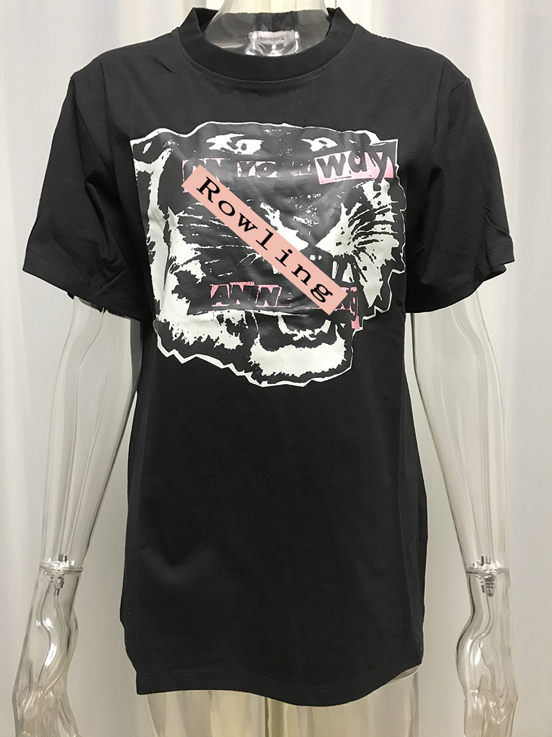 Rowling Chic Black Tiger Head Graphic Tees Women Cotton Short Sleeve O Neck TShirt New Fashion Women BOHO T-Shirt Casual T-Shirt 210306