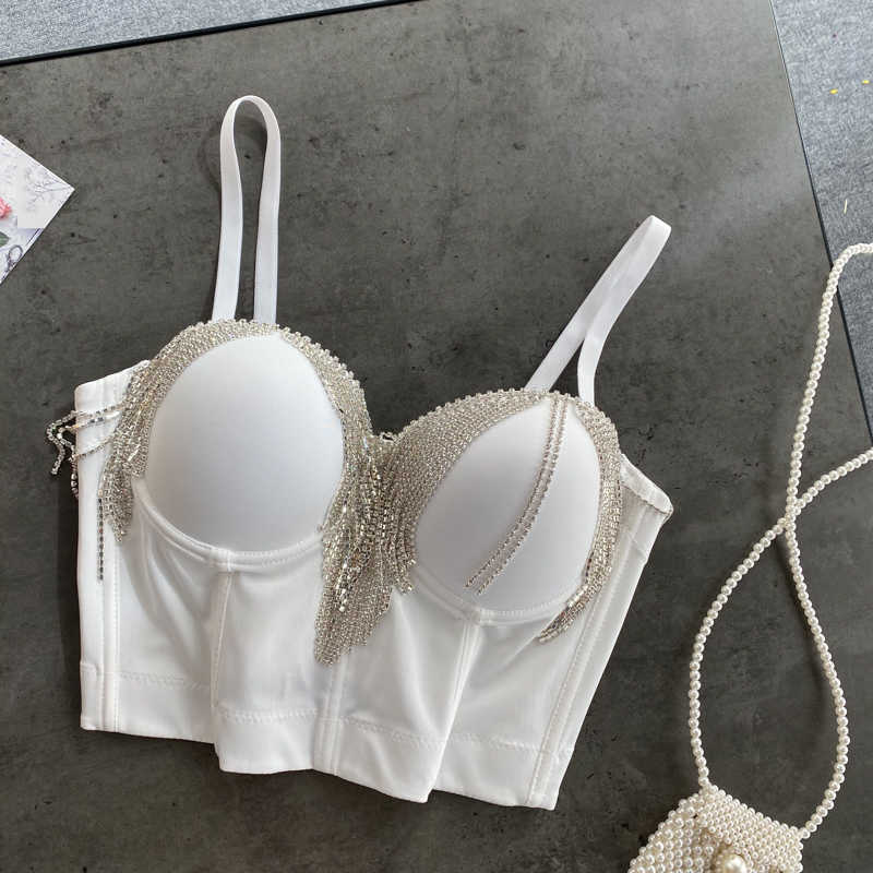 Women Fashion Tassel Camisole Sexy Padded Niglub Dance Sleeveless High Waist Bustier Crop Tops Q121 210625