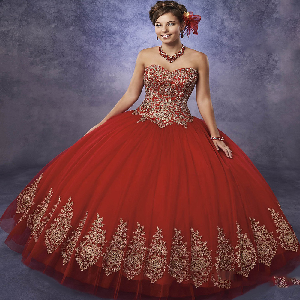 Vintage Sweet 15 Royal Blue Red Quinceanera Dresses With Gold Appliques Sweetheart Lace Up Back Ball Gown Prom Dress 2021 Formal Party Vestidos 16 Año