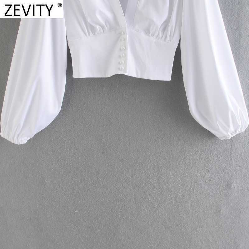Zevity Women V Neck Black White Color Short Smock Blouse Female Lantern Sleeve Slim Court Shirts Chic Pearl Buttons Tops LS9268 210603