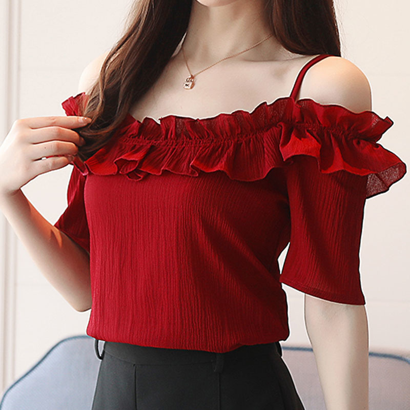 And Ladies Tops Sexy Slash Neck Women's Clothes Short Chiffon White Blouse Shirt Women D825 30 210308