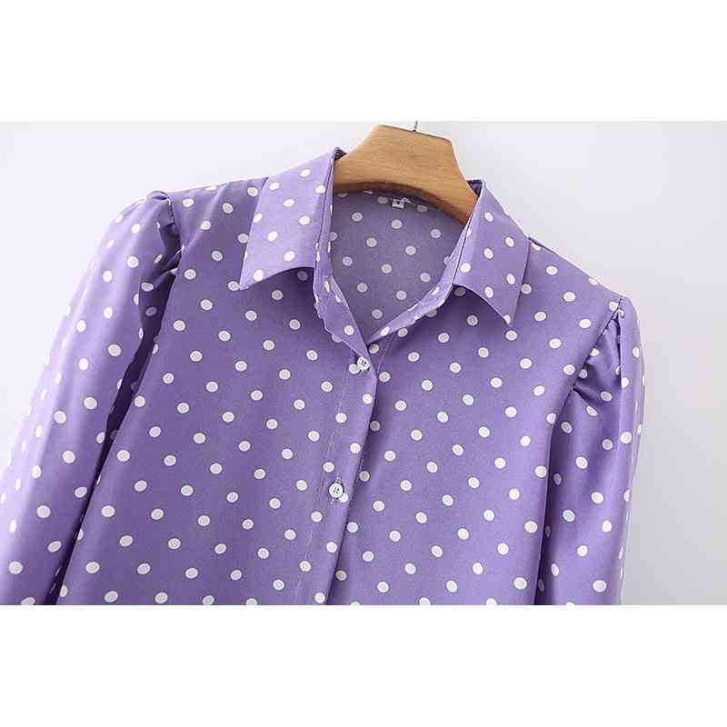Women's Purple Polka Dot Puff Sleeve Blouse - Elegant Chic Turn Down Collar Top