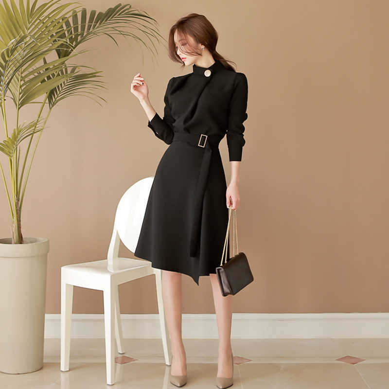 Elegant Women Autumn Winter Vintage Style Stand Collar Long Sleeve Casual Work Party Wear A-line Midi Flare Dresses 210603