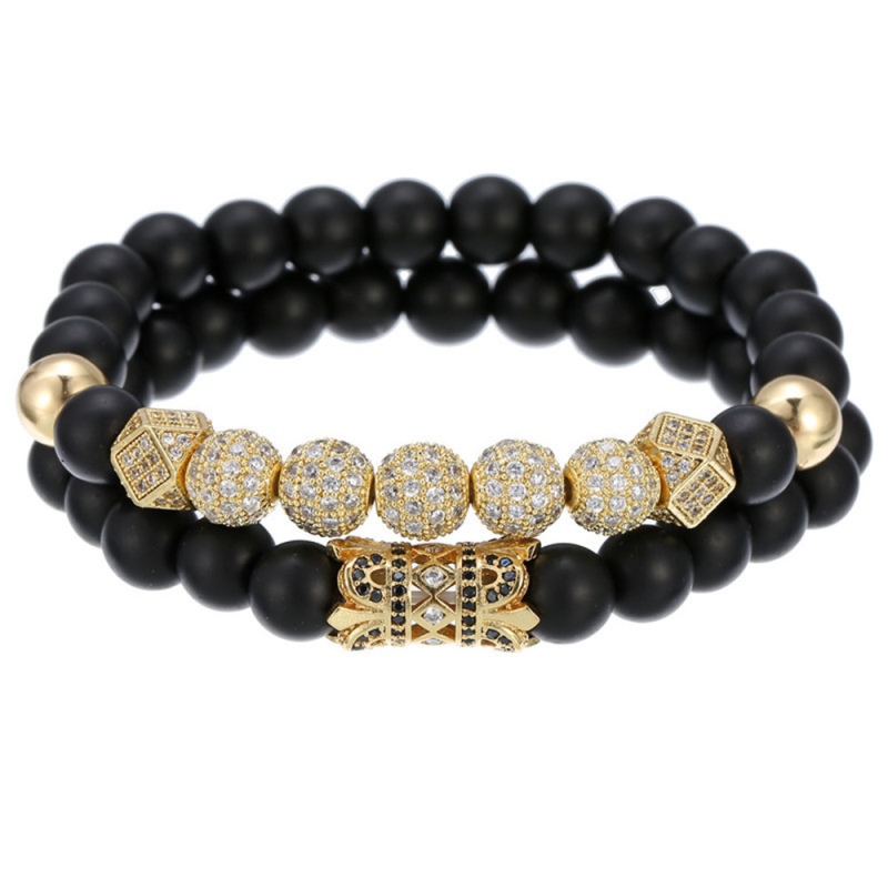Black Matting Natural Stone Strands Full Diamond Ball Beads Charm Bracelet Jewelry for Men Gift