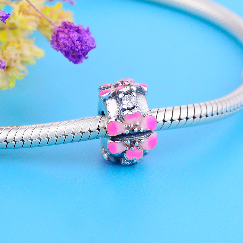 Fit Original Pan Charm Bracelet Authentic 925 Silver Pink Enamel Flower Spacer Bead For Making Women Summer Berloque