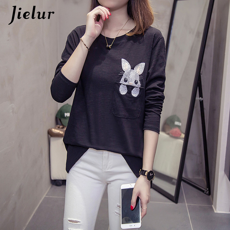 Jielur Autumn Rabbit Embroidery Women T-shirt Long Sleeve Cute Korean Tshirts White Black O-neck Girl Bottoming Tee Shirts M-XXL T200319