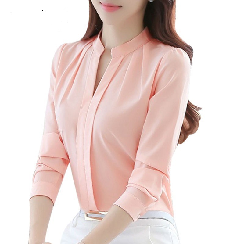 Women Casual Long Sleeved Chiffon Blouse Female Sexy V-neck Shirt Lady Office Slim Tops 210225