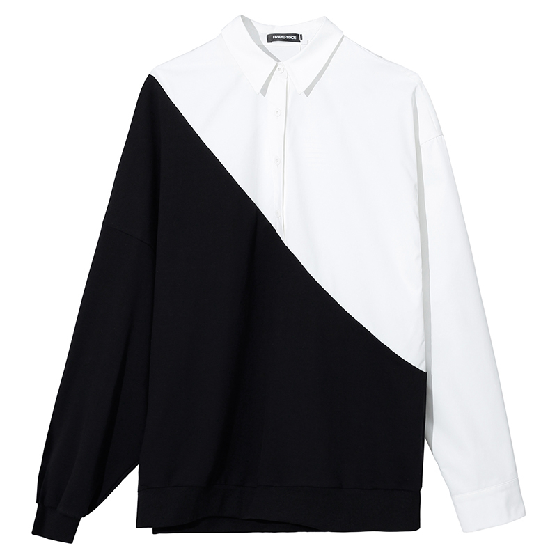 [EAM] Spring Lapel Long Sleeve Solid Color Black White Split Joint Loose Big Size Sweatshirt Women Fahion Tide JC319 201112