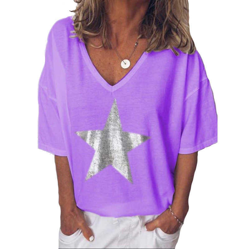 Summer Star Print T-Shirt Women Casual V Neck Short Sleeve Loose White Tee Tops Fashion Solid Color Basic T-Shirts Plus Size 5XL 210526