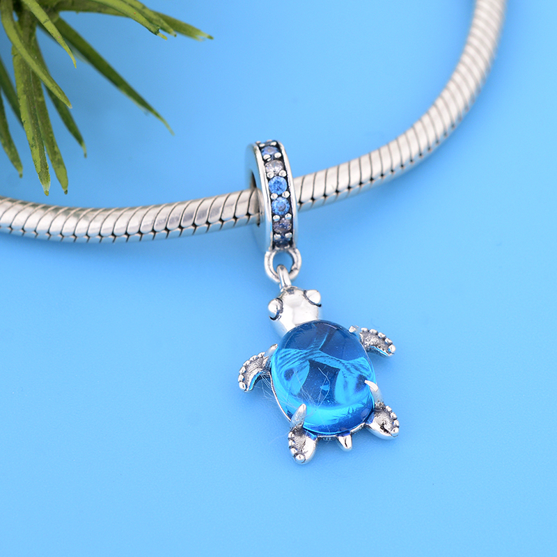 Fit Original Brand Charm Bracelet Authentic 925 Silver Cute Animal Tortoise Deep Blue Murano Glass Turtle Pendant Bead For Making Berloque