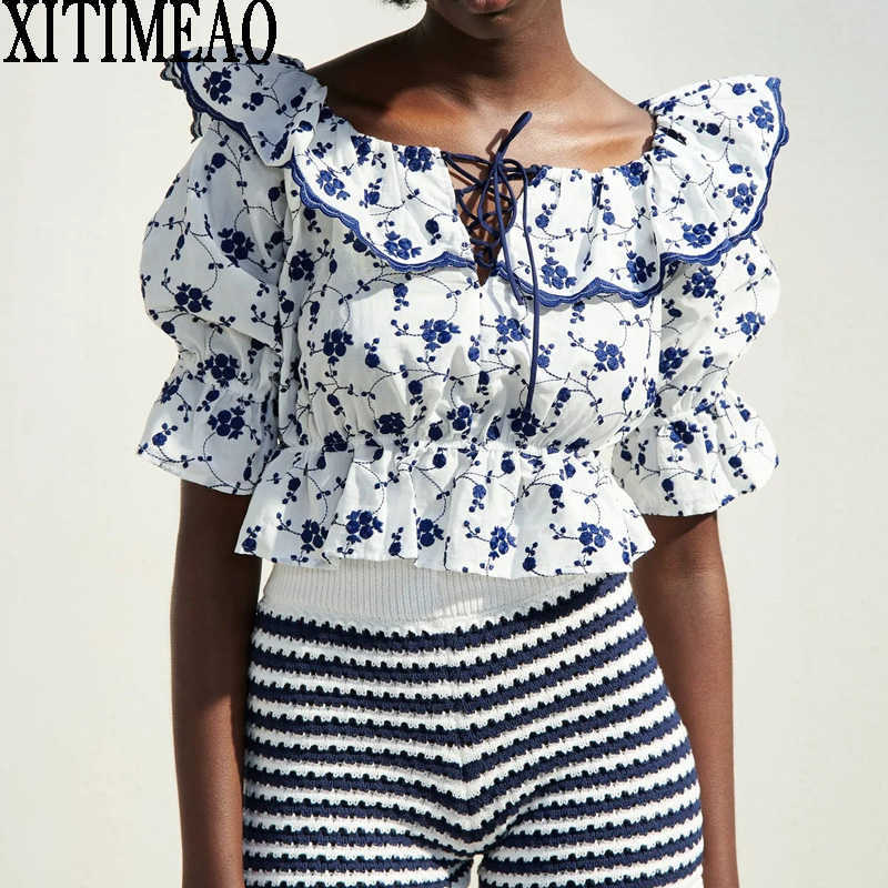 Za Women Sweet Fashion Retro Embroidery Blouses Vintage O Neck Puff Sleeve Frenulum Female Chic Short Tops 210602, Blue
Za Women Sweet Fashion Retro Embroidery Blouses Vintage O Neck Puff Sleeve Frenulum Female Chic Short Tops 210602, Blue
