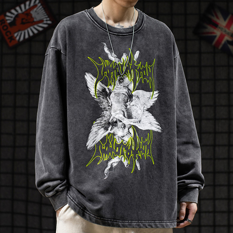 Mens Hip Hop Sweatshirt Pullover Fallen Angel Streetwear Harajuku Pullover Washed Sweat Shirt Cotton Loose Hoodie Autumn 201020
