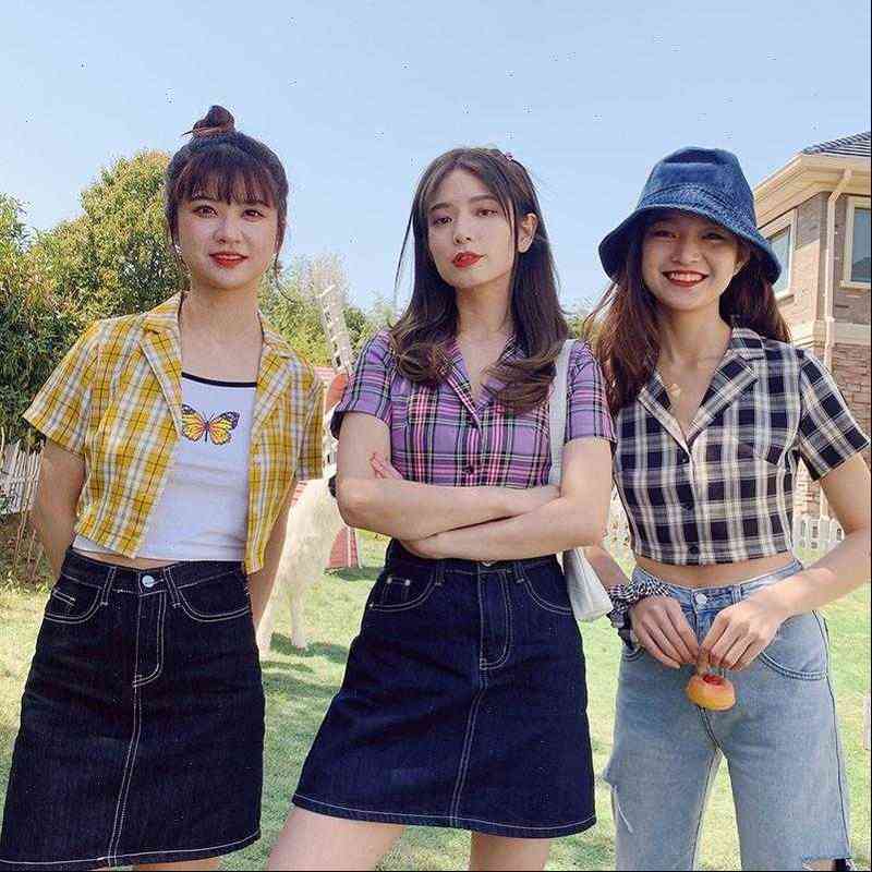 summer plaid short sleeve womens blouses crop korean casual turn down collar shirts, White
summer plaid short sleeve womens blouses crop korean casual turn down collar shirts, White