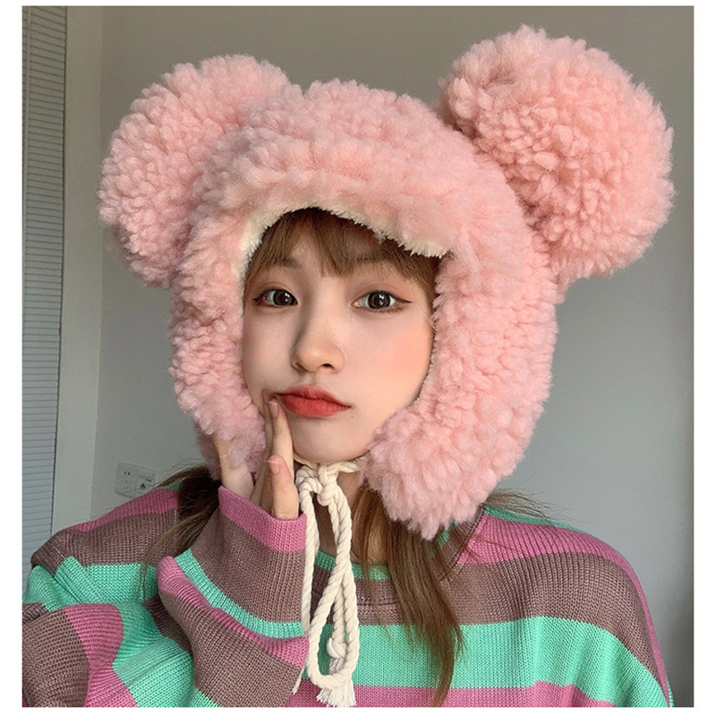 Women Winter Thicken Plush Furry Warm Ear flap Hat Cute Bear Ears Windproof Animal Beanie Cap with drawstring