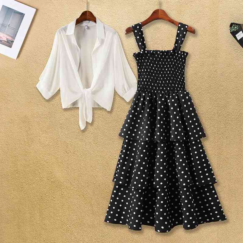 Summer Dress Women Sweet Polka Dots Sling Elastic Waist Midi Beach es Chiffon Small Shawl Ladies Suits Plus Size Cake 210526