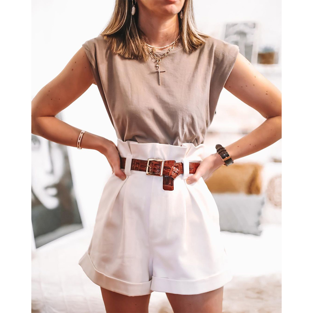 New Summer Women Tops shoulder pads Sleeveless tank 95% cotton pullover basic style Casual Femme T- shirts Ropa Mujer 210306
