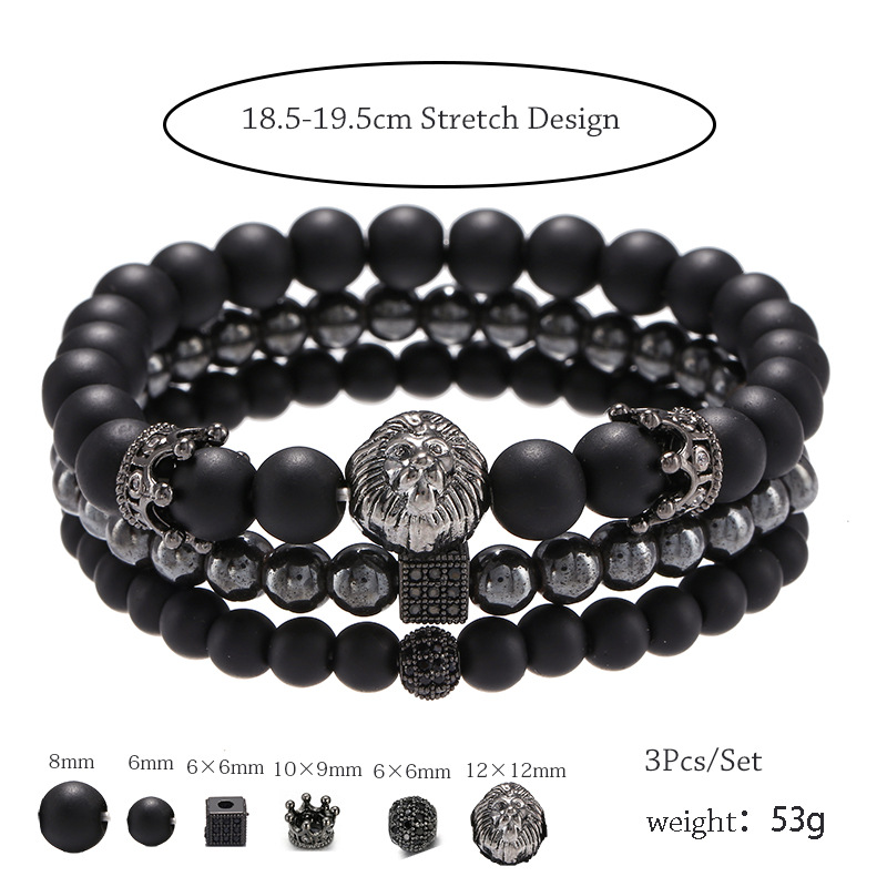 Natural Stone Beaded Mens Bracelet 2pcs/set Fashion Crown Lion Head Charm Bracelets Pulseras Masculina Jewelry